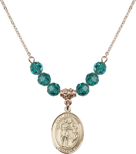 14kt Gold Filled Saint Sebastian Birthstone Necklace with Zircon Beads - 8100