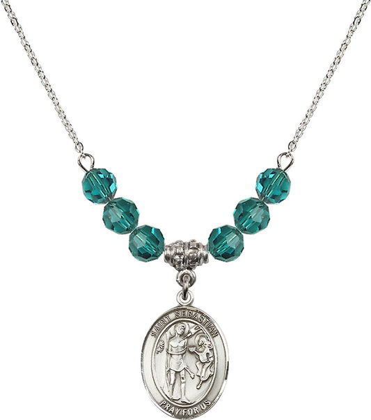 Sterling Silver Saint Sebastian Birthstone Necklace with Zircon Beads - 8100