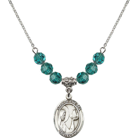 Sterling Silver Our Lady Star of the Sea Birthstone Necklace with Zircon Beads - 8101