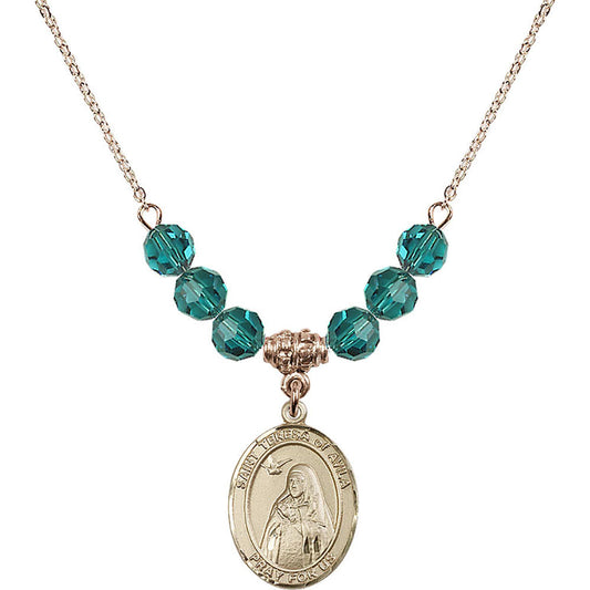 14kt Gold Filled Saint Teresa of Avila Birthstone Necklace with Zircon Beads - 8102