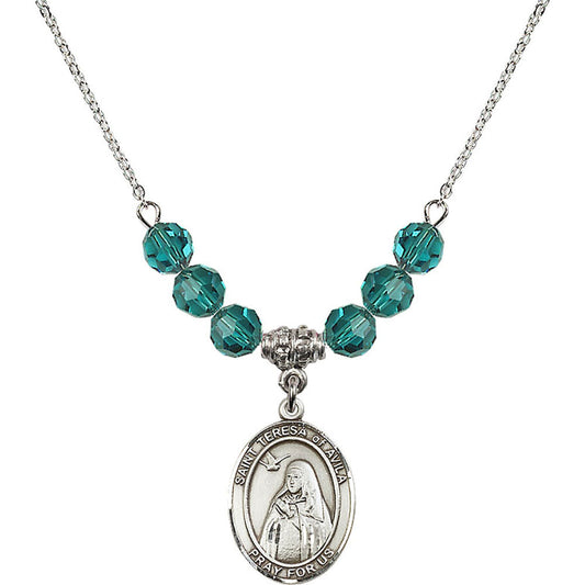 Sterling Silver Saint Teresa of Avila Birthstone Necklace with Zircon Beads - 8102