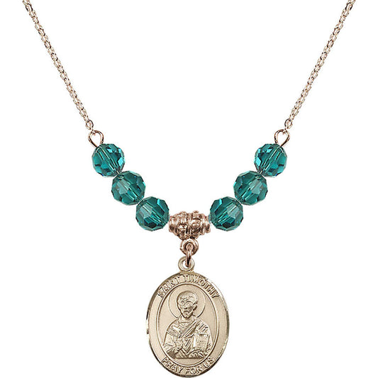 14kt Gold Filled Saint Timothy Birthstone Necklace with Zircon Beads - 8105