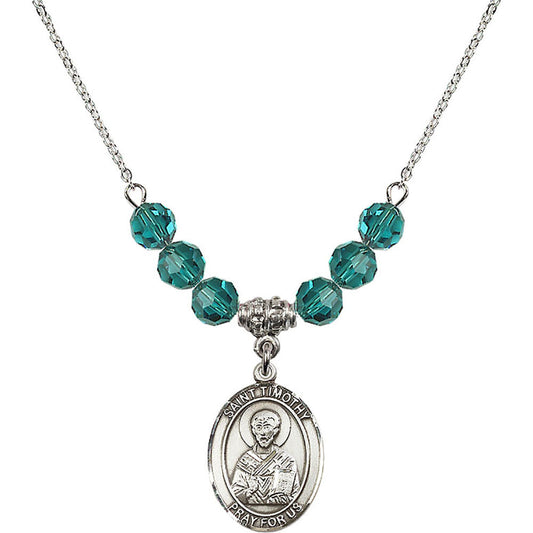 Sterling Silver Saint Timothy Birthstone Necklace with Zircon Beads - 8105