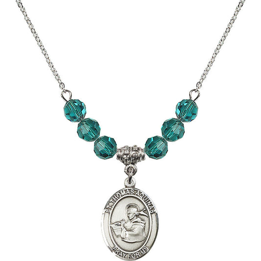 Sterling Silver Saint Thomas Aquinas Birthstone Necklace with Zircon Beads - 8108