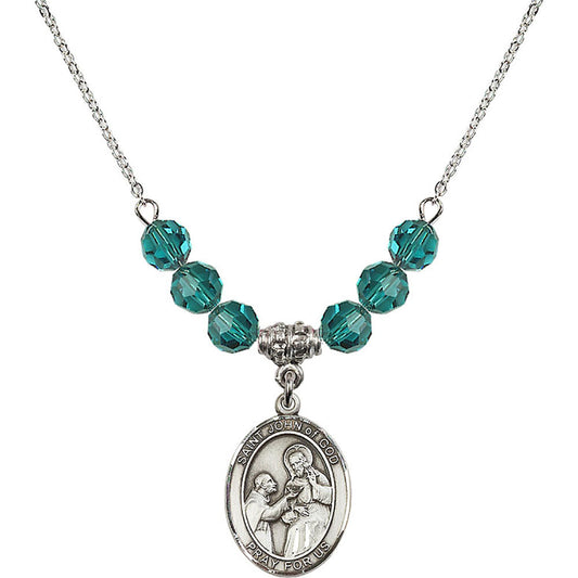 Sterling Silver Saint John of God Birthstone Necklace with Zircon Beads - 8112