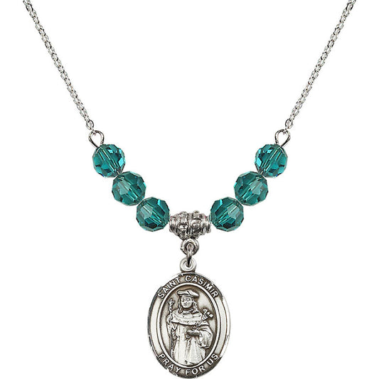 Sterling Silver Saint Casimir of Poland Birthstone Necklace with Zircon Beads - 8113
