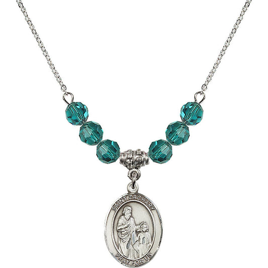 Sterling Silver Saint Zachary Birthstone Necklace with Zircon Beads - 8116