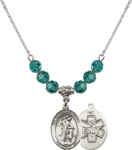 Sterling Silver Guardian Angel / EMT Birthstone Necklace with Zircon Beads - 8118