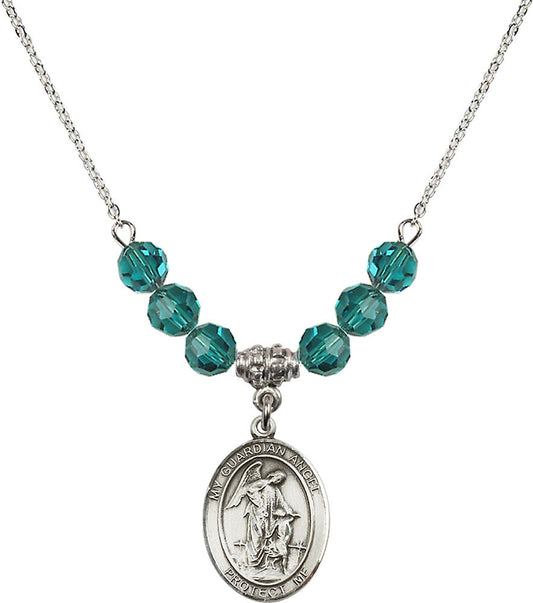 Sterling Silver Guardian Angel w/Child Birthstone Necklace with Zircon Beads - 8118