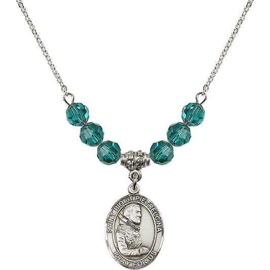 Sterling Silver Saint Pio of Pietrelcina Birthstone Necklace with Zircon Beads - 8125
