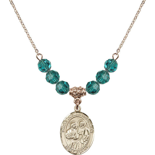14kt Gold Filled Saints Cosmas & Damian Birthstone Necklace with Zircon Beads - 8132