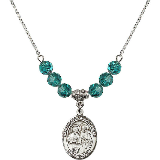 Sterling Silver Saints Cosmas & Damian Birthstone Necklace with Zircon Beads - 8132