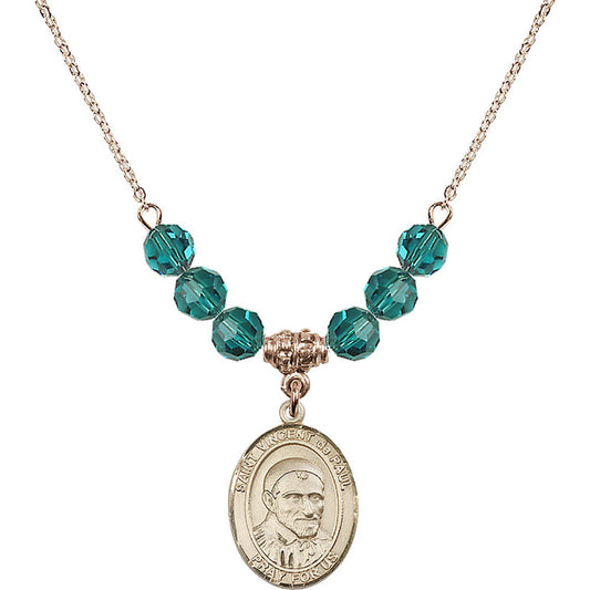 14kt Gold Filled Saint Vincent De Paul Birthstone Necklace with Zircon Beads - 8134