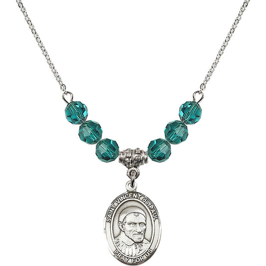 Sterling Silver Saint Vincent De Paul Birthstone Necklace with Zircon Beads - 8134