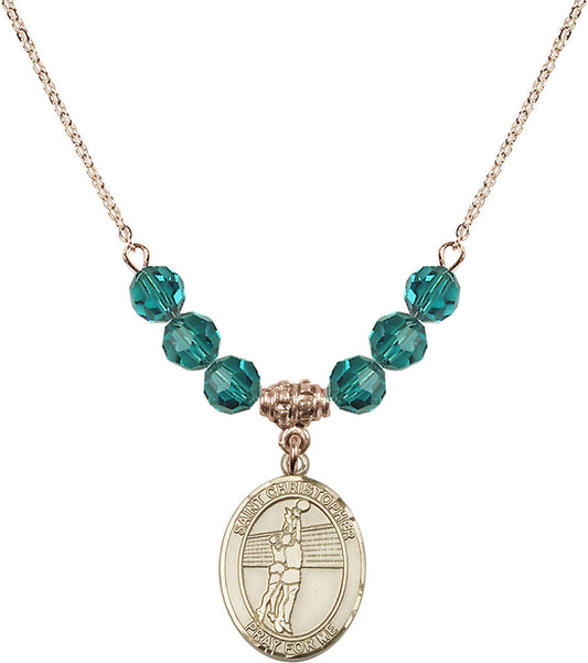 14kt Gold Filled Saint Christopher/Volleyball Birthstone Necklace with Zircon Beads - 8138