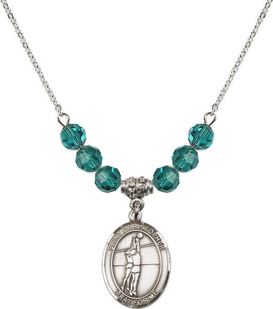 Sterling Silver Saint Christopher/Volleyball Birthstone Necklace with Zircon Beads - 8138