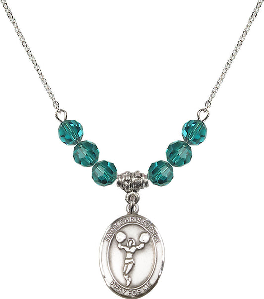 Sterling Silver Saint Christopher/Cheerleading Birthstone Necklace with Zircon Beads - 8140