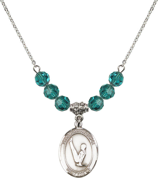 Sterling Silver Saint Christopher/Gymnastics Birthstone Necklace with Zircon Beads - 8142