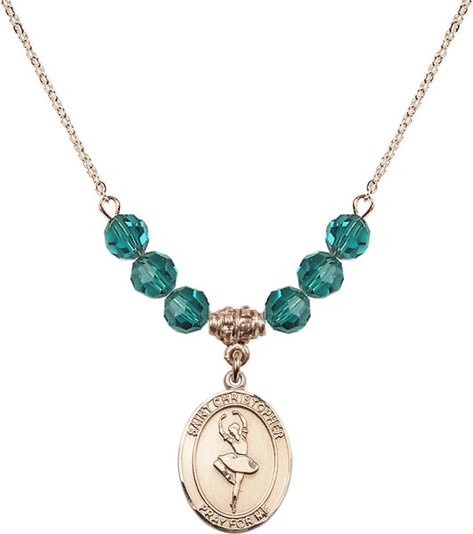 14kt Gold Filled Saint Christopher/Dance Birthstone Necklace with Zircon Beads - 8143