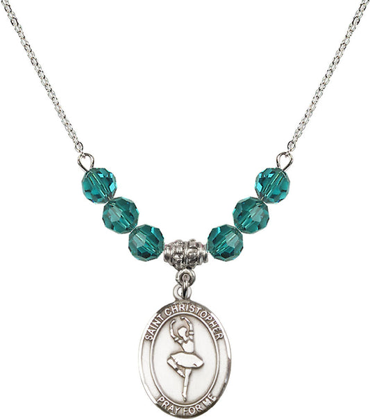 Sterling Silver Saint Christopher/Dance Birthstone Necklace with Zircon Beads - 8143