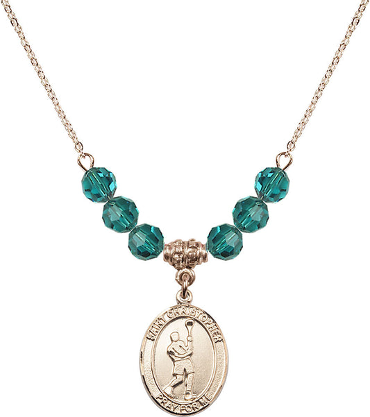 14kt Gold Filled Saint Christopher/Lacrosse Birthstone Necklace with Zircon Beads - 8144