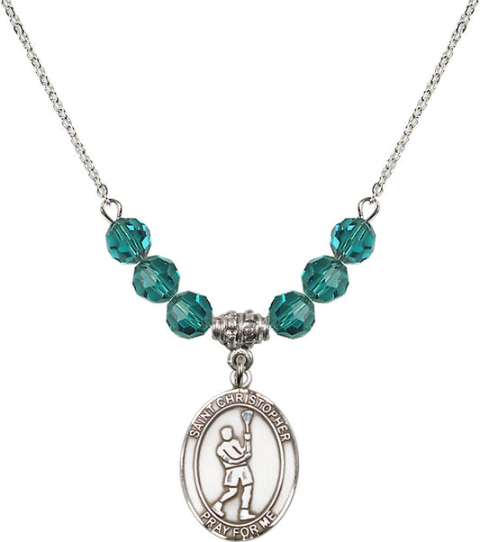 Sterling Silver Saint Christopher/Lacrosse Birthstone Necklace with Zircon Beads - 8144