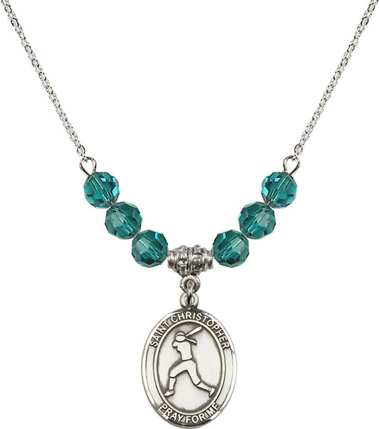 Sterling Silver Saint Christopher/Softball Birthstone Necklace with Zircon Beads - 8145