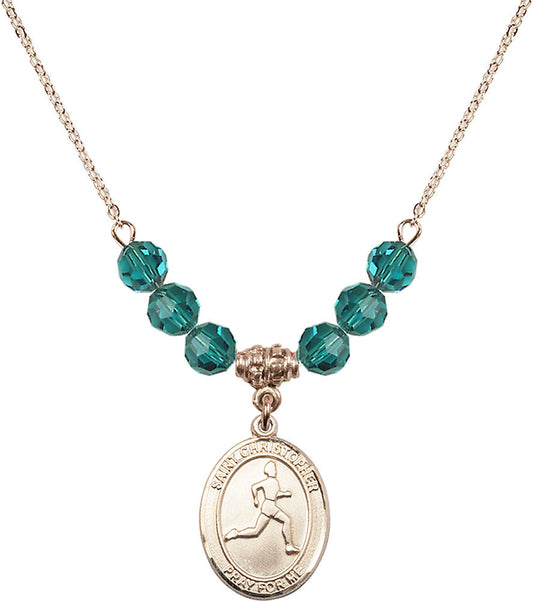 14kt Gold Filled Saint Christopher/Track & Field Birthstone Necklace with Zircon Beads - 8149