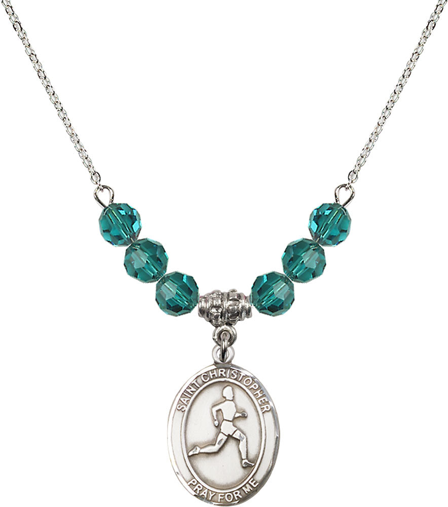Sterling Silver Saint Christopher/Track & Field Birthstone Necklace with Zircon Beads - 8149