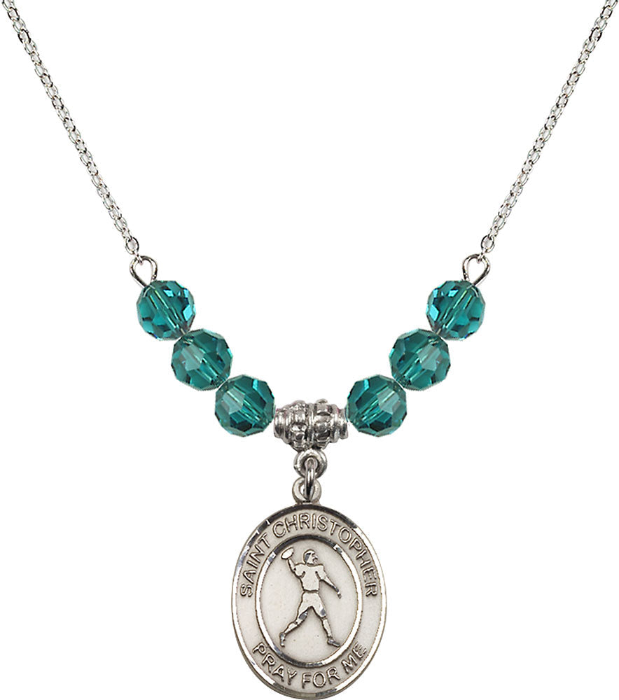 Sterling Silver Saint Christopher/Football Birthstone Necklace with Zircon Beads - 8151