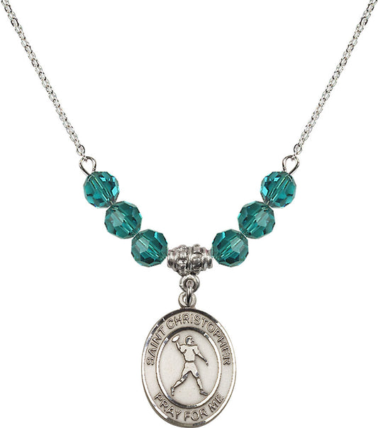 Sterling Silver Saint Christopher/Football Birthstone Necklace with Zircon Beads - 8151