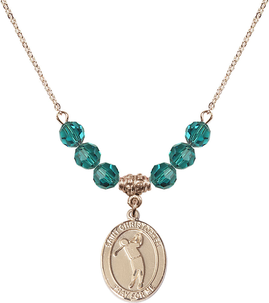 14kt Gold Filled Saint Christopher/Golf Birthstone Necklace with Zircon Beads - 8152