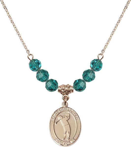 14kt Gold Filled Saint Christopher/Golf Birthstone Necklace with Zircon Beads - 8152