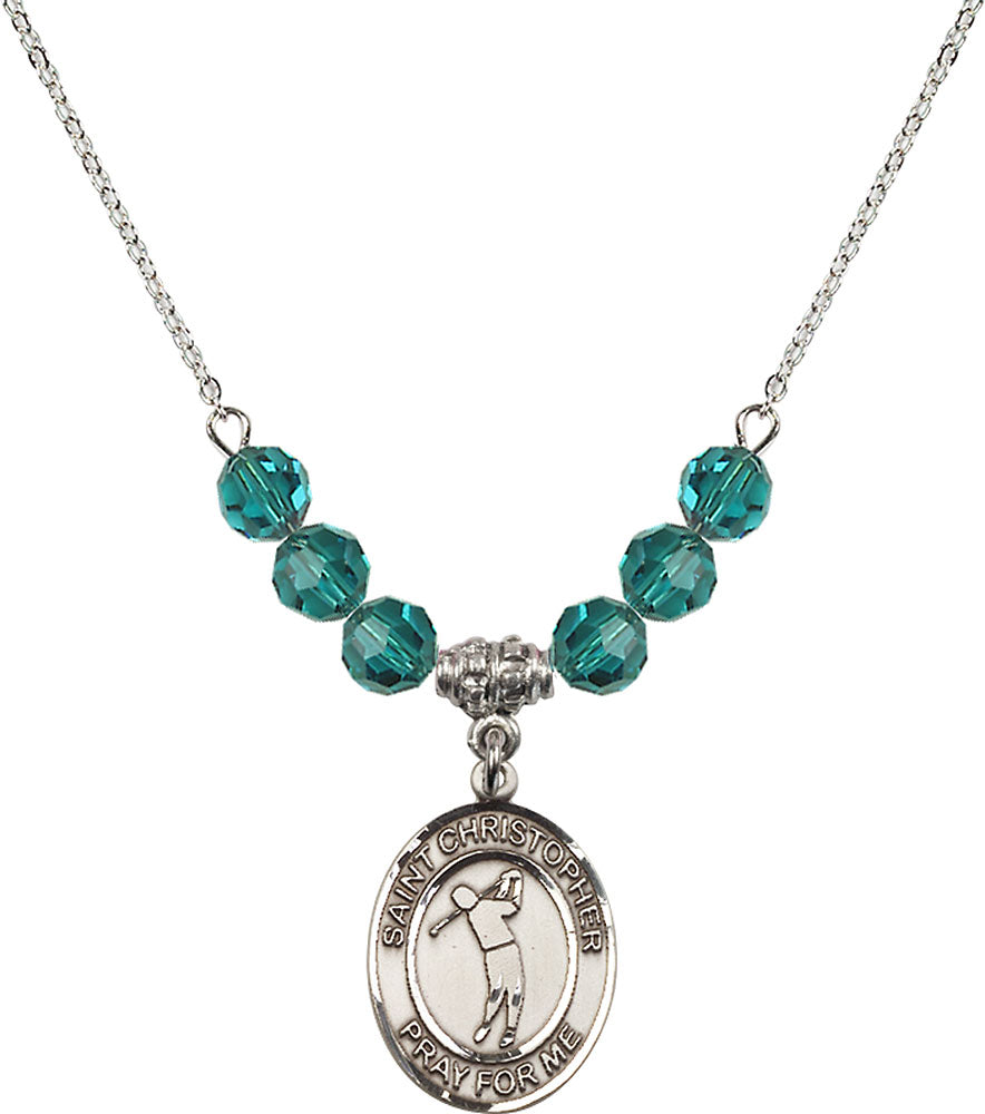 Sterling Silver Saint Christopher/Golf Birthstone Necklace with Zircon Beads - 8152