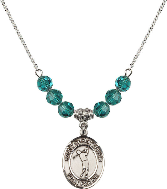 Sterling Silver Saint Christopher/Golf Birthstone Necklace with Zircon Beads - 8152