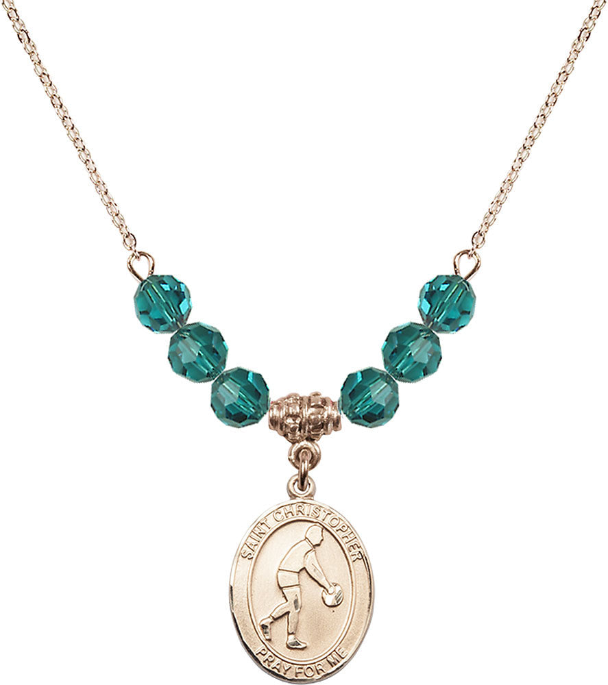 14kt Gold Filled Saint Christopher/Basketball Birthstone Necklace with Zircon Beads - 8153