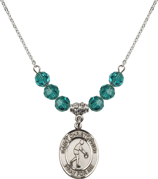 Sterling Silver Saint Christopher/Basketball Birthstone Necklace with Zircon Beads - 8153