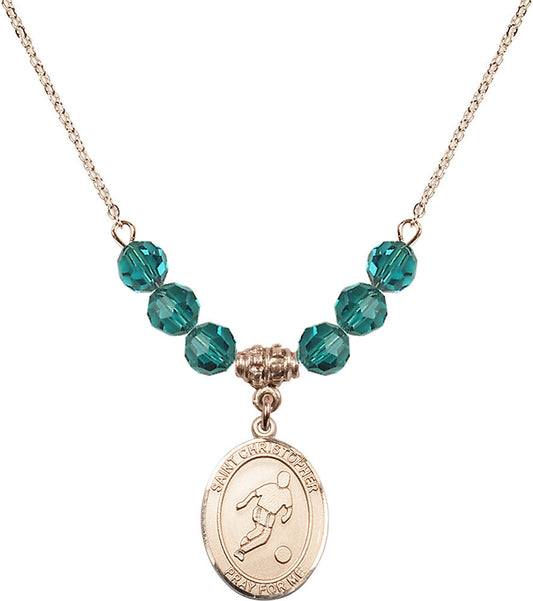 14kt Gold Filled Saint Christopher/Soccer Birthstone Necklace with Zircon Beads - 8154