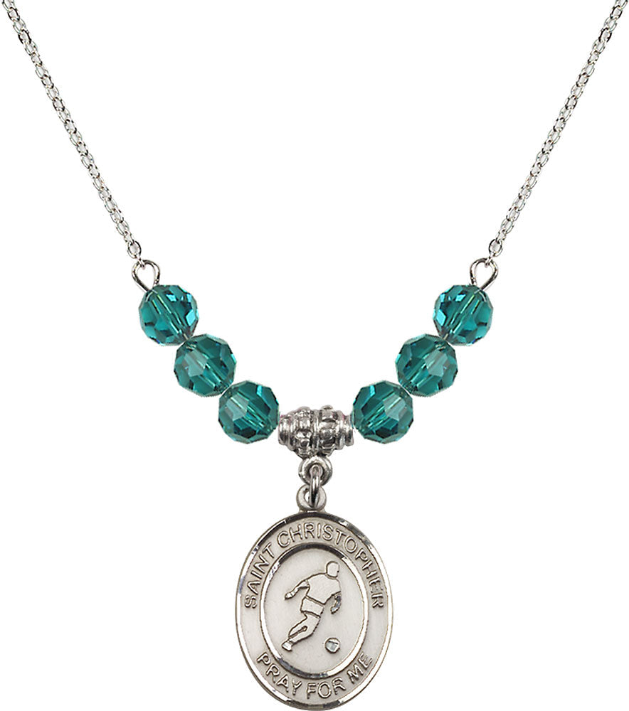 Sterling Silver Saint Christopher/Soccer Birthstone Necklace with Zircon Beads - 8154