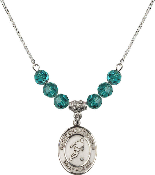 Sterling Silver Saint Christopher/Soccer Birthstone Necklace with Zircon Beads - 8154