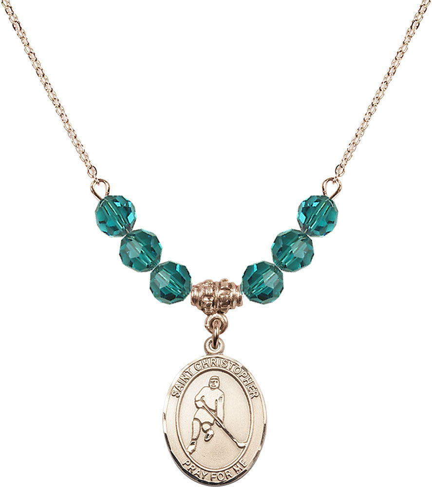 14kt Gold Filled Saint Christopher/Ice Hockey Birthstone Necklace with Zircon Beads - 8155