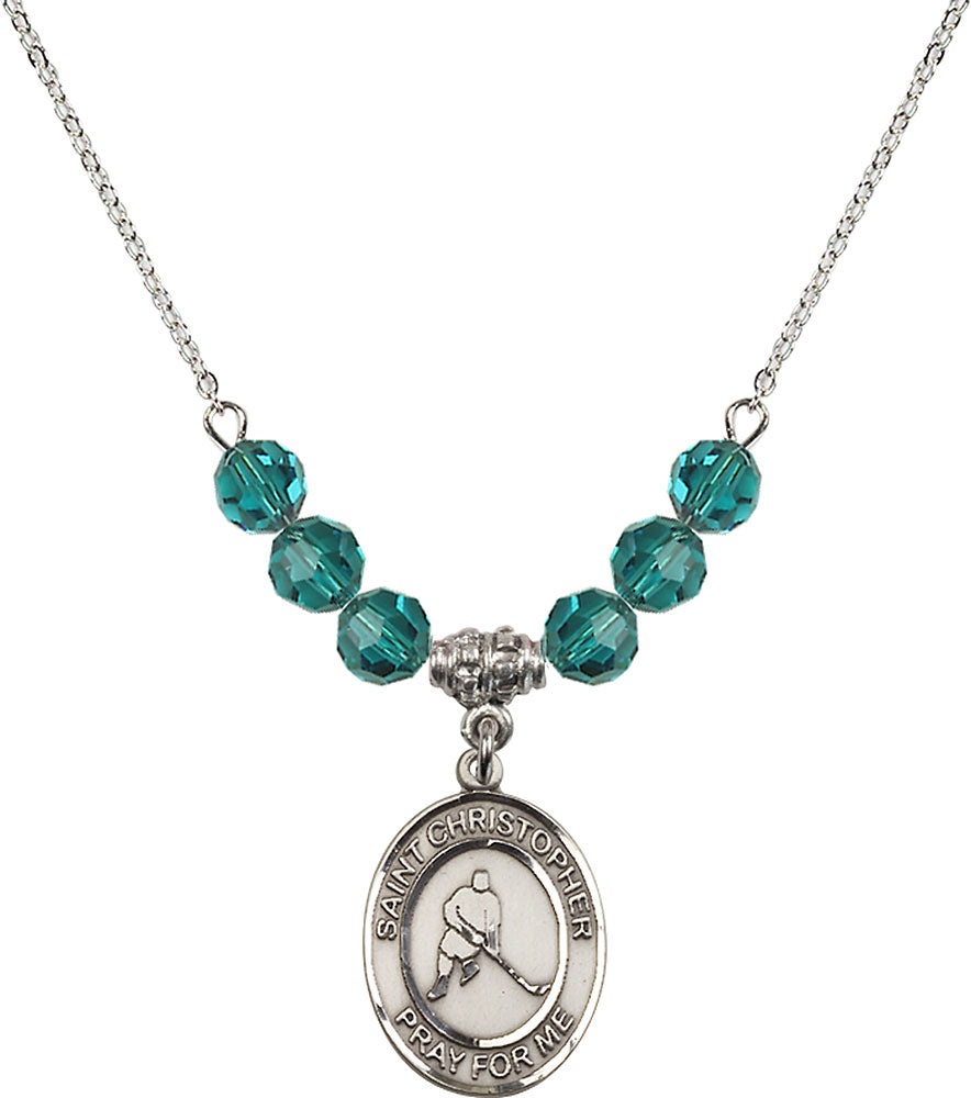 Sterling Silver Saint Christopher/Ice Hockey Birthstone Necklace with Zircon Beads - 8155