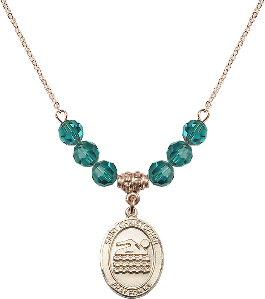 14kt Gold Filled Saint Christopher/Swimming Birthstone Necklace with Zircon Beads - 8157