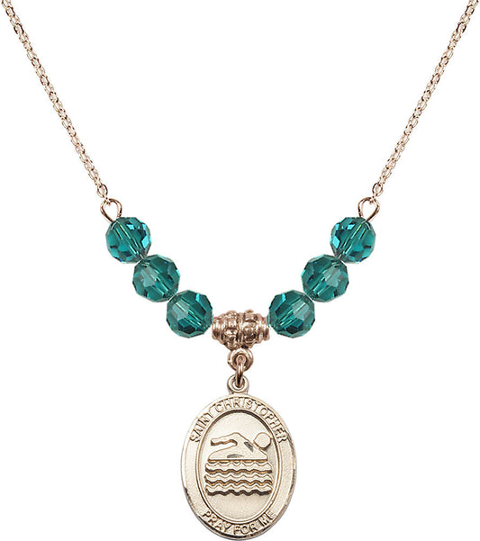 14kt Gold Filled Saint Christopher/Swimming Birthstone Necklace with Zircon Beads - 8157