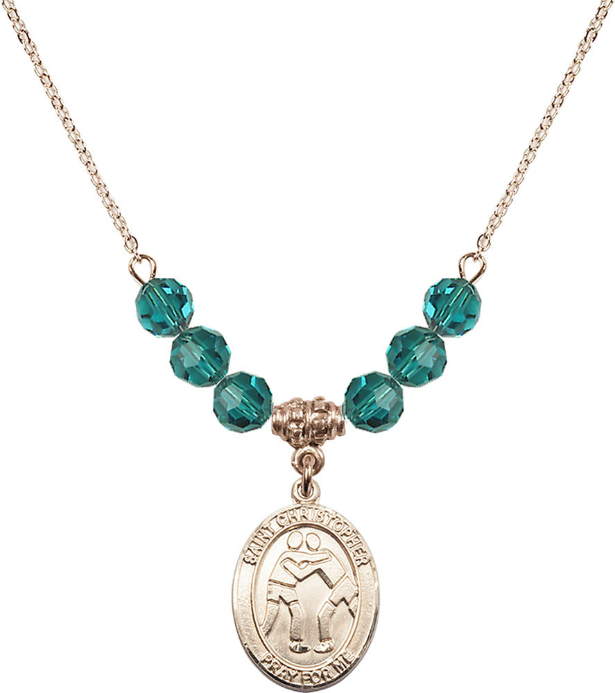 14kt Gold Filled Saint Christopher/Wrestling Birthstone Necklace with Zircon Beads - 8159