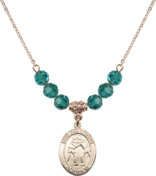 14kt Gold Filled Saint Christopher/Wrestling Birthstone Necklace with Zircon Beads - 8159