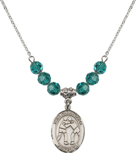 Sterling Silver Saint Christopher/Wrestling Birthstone Necklace with Zircon Beads - 8159