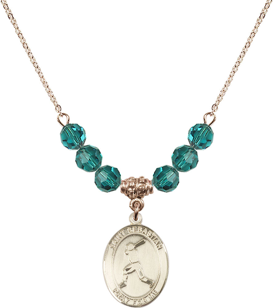 14kt Gold Filled Saint Sebastian/Baseball Birthstone Necklace with Zircon Beads - 8160