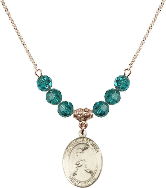 14kt Gold Filled Saint Sebastian/Baseball Birthstone Necklace with Zircon Beads - 8160