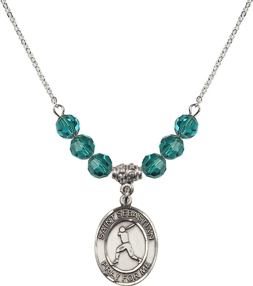 Sterling Silver Saint Sebastian/Baseball Birthstone Necklace with Zircon Beads - 8160